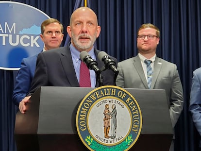 Rye Development CEO Paul Jacob talks about his company's plans to build a $1.3 billion coal-to-pumped storage hydropower facility as Gov. Andy Beshear looks on during a news conference, March 21, 2024 in Frankfort, Ky.