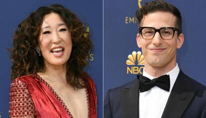 Os atores Sandra Oh e Andy Samberg, anfitriões da cerimônia do Globo de Ouro 2019.