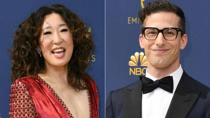 Os atores Sandra Oh e Andy Samberg, anfitriões da cerimônia do Globo de Ouro 2019.