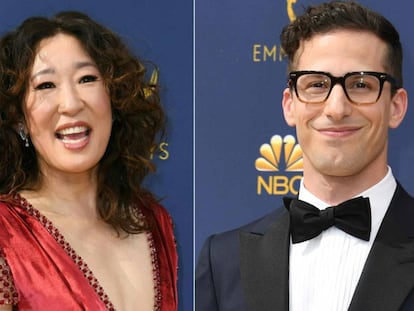 Os atores Sandra Oh e Andy Samberg, anfitriões da cerimônia do Globo de Ouro 2019.