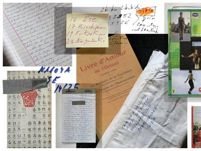 'Collage' con libretas, anotaciones, libros y recursos de viajes de la autora Patricia Almarcegui. Composición de Diego Quijano con fotos de Quico Sánchez Cabrera.