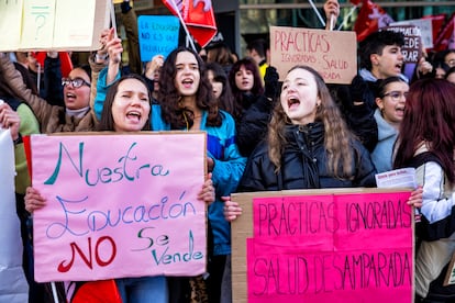 Protesta de estudiantes de la enseñanza pública ante la Asamblea de Madrid, a principios de febrero.