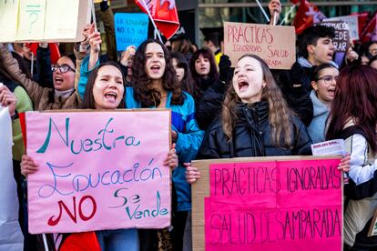 Protesta de estudiantes de la enseñanza pública ante la Asamblea de Madrid, a principios de febrero.