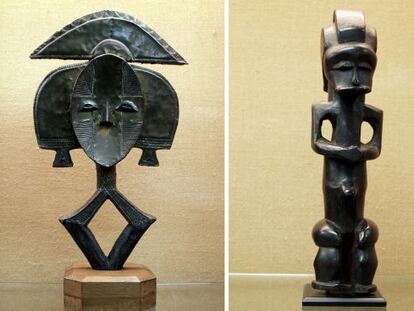 Relicario Mbulu Ngulu de Gabón y figura antropomorfa Fang, de Guinea, dos de las piezas que se podrán ver en el Museo de las Culturas del Mundo de Barcelona.