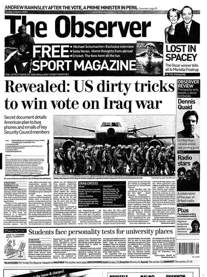 Portada del periódico ‘The Observer’ del 2 de marzo de 2003.