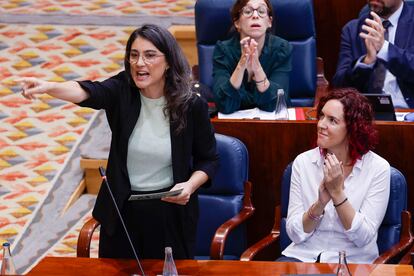 La portavoz de Más Madrid, Manuela Bergerot interviene en el pleno de la Asamblea de Madrid celebrado este jueves. 