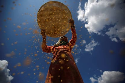 Una mujer nepalí separando el arroz de su cubierta.