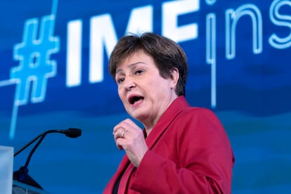 International Monetary Fund Managing Director Kristalina Georgieva speaks in Washington, Monday, April 10, 2023.