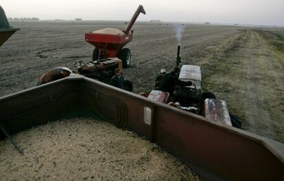 Agricultores siembran en la frontera entre Argentina y Uruguay.