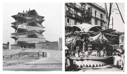 A la izquierda, La torre de los laboratorios JORBA, conocida popularmente como 'La Pagoda'. A la derecha, el kiosco Canaletas demolido en 1951.