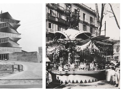 A la izquierda, La torre de los laboratorios JORBA, conocida popularmente como 'La Pagoda'. A la derecha, el kiosco Canaletas demolido en 1951.