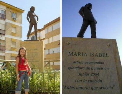 La estatua reza "Artista ayamontina ganadora de Eurovisión Junior 2004 con la canción 'Antes muerta que sencilla"