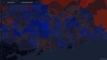 La excelencia urbanística de los barrios de Barcelona plasmada en el gemelo digital de la consultora Aretian. En azul, las zonas con mayor calidad; en rojo, las que tienen menos. ARETIAN