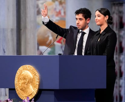 Ali and Kiana Rahmani, children of Narges Mohammadi, attend the awarding of the Nobel Peace Prize for 2023 in Oslo City Hall, Norway, 10 December 2023.