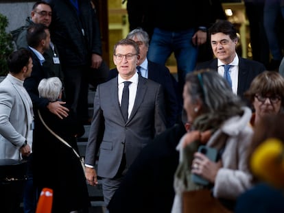 El líder del PP, Alberto Núñez Feijóo, a su llegada al Congreso este jueves.