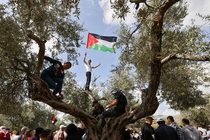 Un manifestante árabe israelí ondea una bandera nacional palestina durante una manifestación cerca de la ciudad de Sakhnin en el norte de Israel, el jueves, antes de la conmemoración palestina del 74º aniversario de la Nakba, la "catástrofe" de la creación de Israel en 1948.