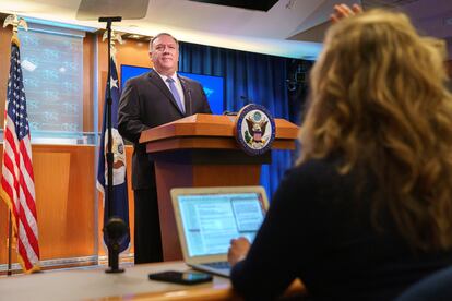 O secretário de Estado dos EUA, Mike Pompeo, durante coletiva de imprensa nesta terça-feira em Washington.