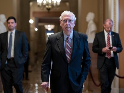 Senate Minority Leader Mitch McConnell walks to the chamber at the Capitol in Washington, on May 25, 2022.