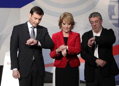 Debate televisado en Telemadrid entre los candidatos de los principales partidos a la presidencia de la Comunidad de Madrid en las elecciones del 22-M de 2011: Tomás Gómez (PSOE), Esperanza Aguirre (PP) y Gregorio Gordo (IU), el 8 de mayo de ese año.