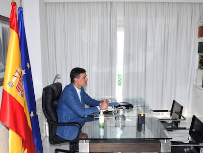 El presidente del Gobierno, Pedro Sánchez, durante la reunión de seguimiento del dispositivo de repatriación del contingente español en Afganistán, este miércoles.