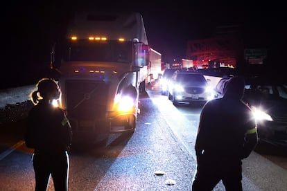 Several protesters block traffic on Interstate 55 in Memphis, Tennessee, on January 27, 2023.