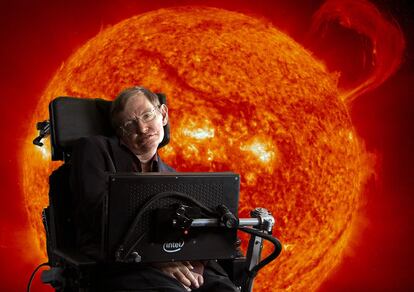 Stephen Hawking in front of sun with coronal mass ejections.