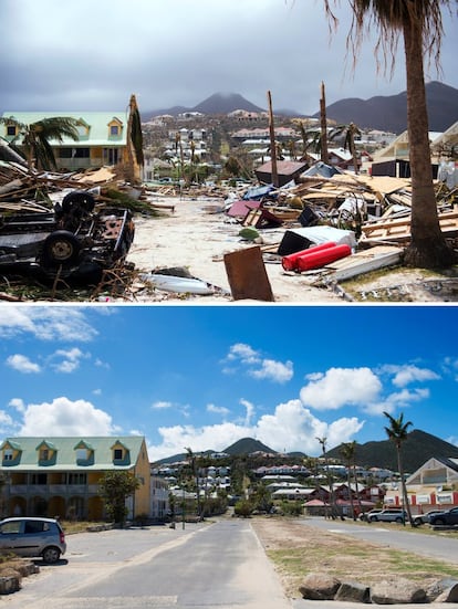 La fotografía de arriba muestra una calle llena de escombros en Orient Bay, en la parte francesa de la isla San Martín, el 7 de septiembre de 2017 después del huracán Irma. Debajo se muestra la misma calle limpia de escombros el 27 de febrero de 2018.