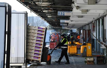 Trucks filled with fresh produce inside Mercamadrid, one of the world's largest wholesale markets, on Tuesday.