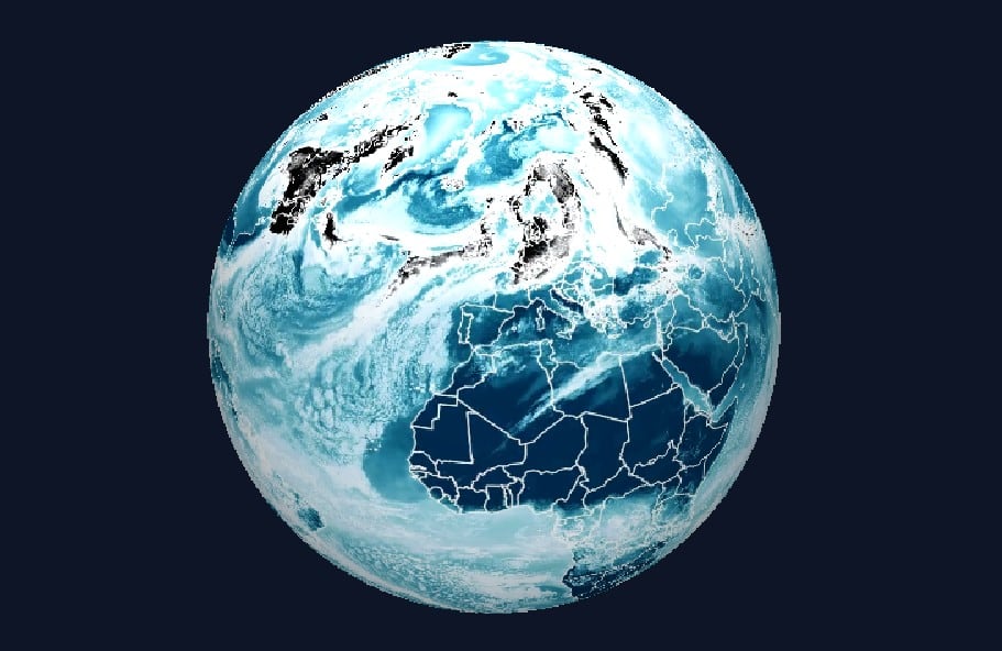 Simulación de la radiación térmica superficial de la Tierra.