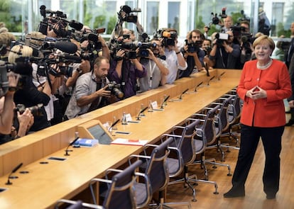 La canciller alemana, Angela Merkel, en el Bundespressekonferenz.