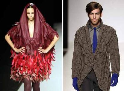 A la izquierda, un modelo de los diseñadores Luxoir. A la derecha, una chaqueta de lana con complementos azul tuareg de Josep Abril. 
/ reuters