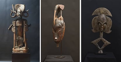 Desde la izquierda, 'Chibinda ilunga', de Angola ; 'Máscara con pájaro en la cabeza', del maestro Bouaflé (Costa de Marfíl) y 'Relicario', de Gabón