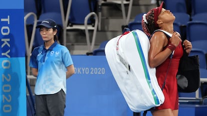 A tenista japonesa Naomi Osaka, depois de ser eliminada pela russa Vondrousova, nesta quarta-feira.