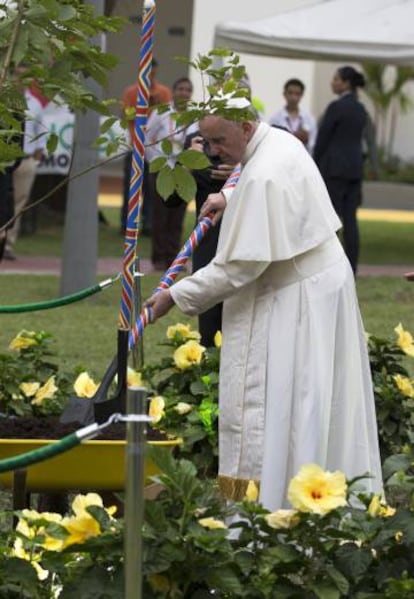 El papa Francisco siembra un árbol en Villavicencio.