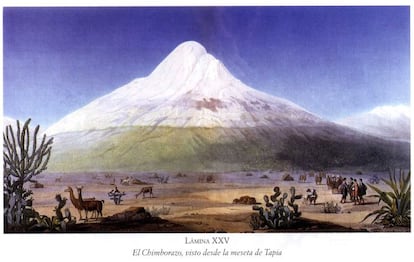 El geógrafo relata que el dibujo se realizó en junio de 1802 con una gran nevada, justo un día después de la excursión que realizaron hacia la cima. 'Solamente los viajeros que hayan visto de cerca las cimas del Mont-Blanc y del Mont-Rose serán capaces de apreciar el carácter imponente, tranquilo y majestuoso de estas vistas. La masa del Chimborazo es tan descomunal que la parte que abarca la vista cerca del límite de las nieves perpetuas tiene 7.000 metros de ancho'.