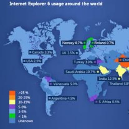 Mapa global de penetración del Internet Explorer 6