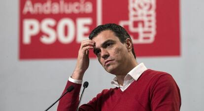 Pedro S&aacute;nchez, durante su intervenci&oacute;n en un mitin en M&aacute;laga.