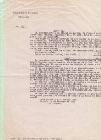 Un Ayuntamiento responde a la demanda de restos humanos del Ministerio de la Gobernación Franquista.