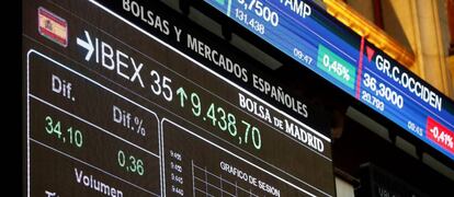 Panel de cotizaciones en la Bolsa de Madrid.