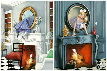 El dibujante utiliza una imagen lo más realista posible para mostrar cómo Alicia traspasa el espejo. De la habitación luminosa de su casa llega a otra más oscura que es solo el inicio de su aventura tras el cristal.