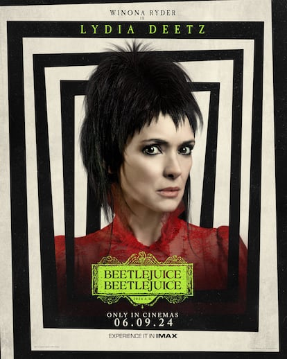 A promotional image for 'Beetlejuice Beetlejuice' featuring Winona Ryder.