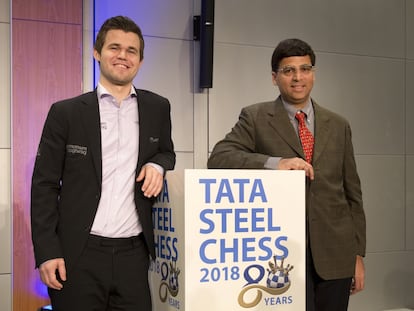 Carlsen y Anand, hoy durante la ceremonia de inauguraci&oacute;n