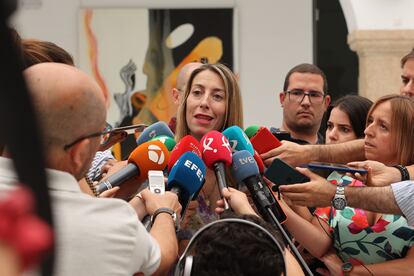 María Guardiola, durante su comparecencia ante los medios, el 22 de junio en Mérida.