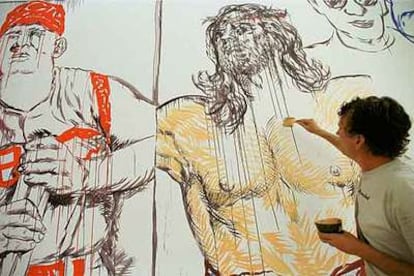 Raymond Pettibon, pintando uno de sus murales.