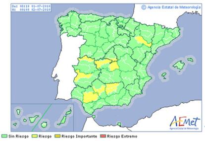 Zaragoza, Madrid, Toledo, Cáceres, Badajoz, Jaén, Córdoba y Sevilla, en alerta amarilla.