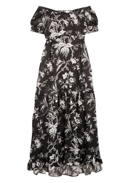 Vestido largo de Alexander McQueen off the shoulders, con estampado en blanco y negro (415 euros).