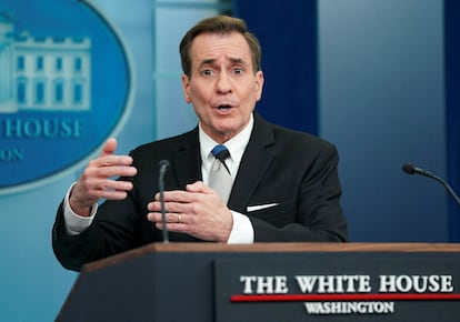 FILE PHOTO: White House national security communications adviser John Kirby answers a question during a press briefing at the White House in Washington, U.S., February 15, 2024. REUTERS/Kevin Lamarque/File Photo
