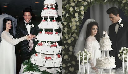 Reality and fiction, side by side: Priscilla and Elvis’s 1967 wedding. Getty Images and A24.