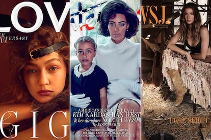 Portadas con el trabajo de Howard: Gigi Hadid en ‘Love’ y Gisele Bündchen en ‘WSJ’, retratadas por Mikael Jansson, y el icónico número de Kim Kardashian como una primera dama en ‘Interview’, fotografiada por Steven Klein.