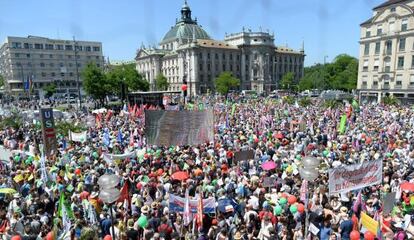Protesta en contra de la cumbre del G-7, este jueves en Múnich (Alemania).